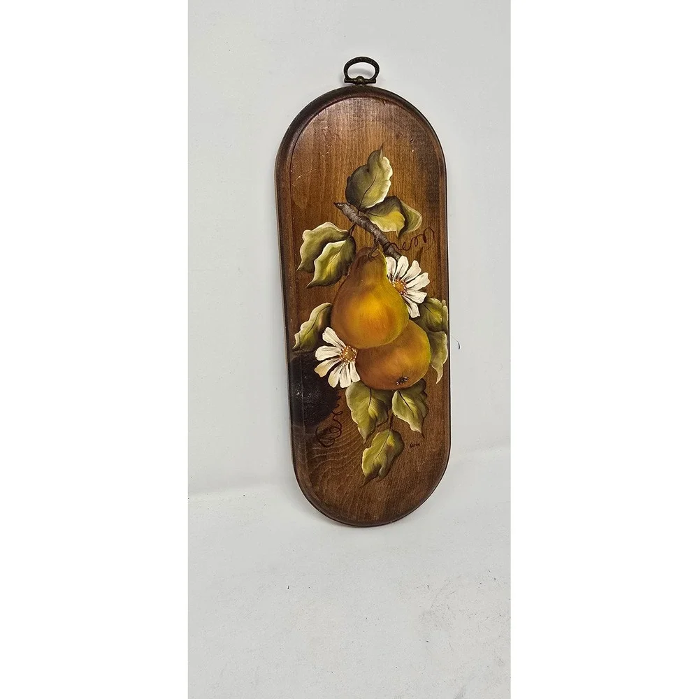 Vtg hand painted‎ oil painting of pears on wood wall decor Plaque cottagecore